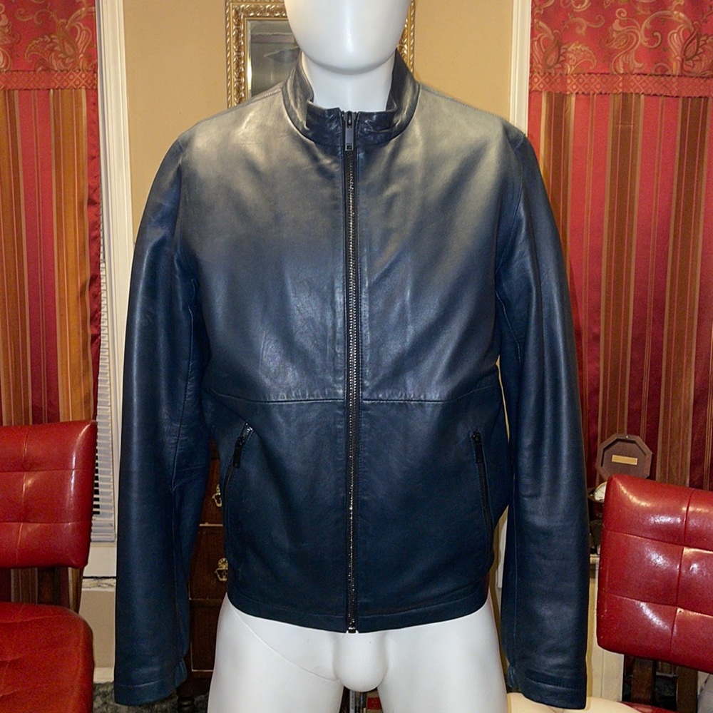 DKNY Genuine Leather Navy Blue Bomber Jacket